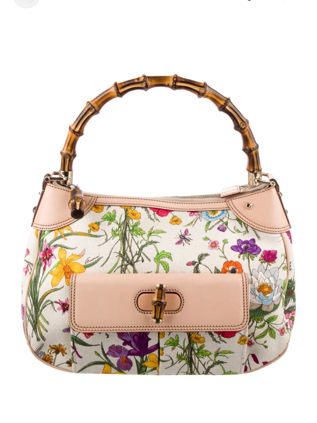 Gucci Pink Floral Canvas Shoulder Bag With Bamboo Handle